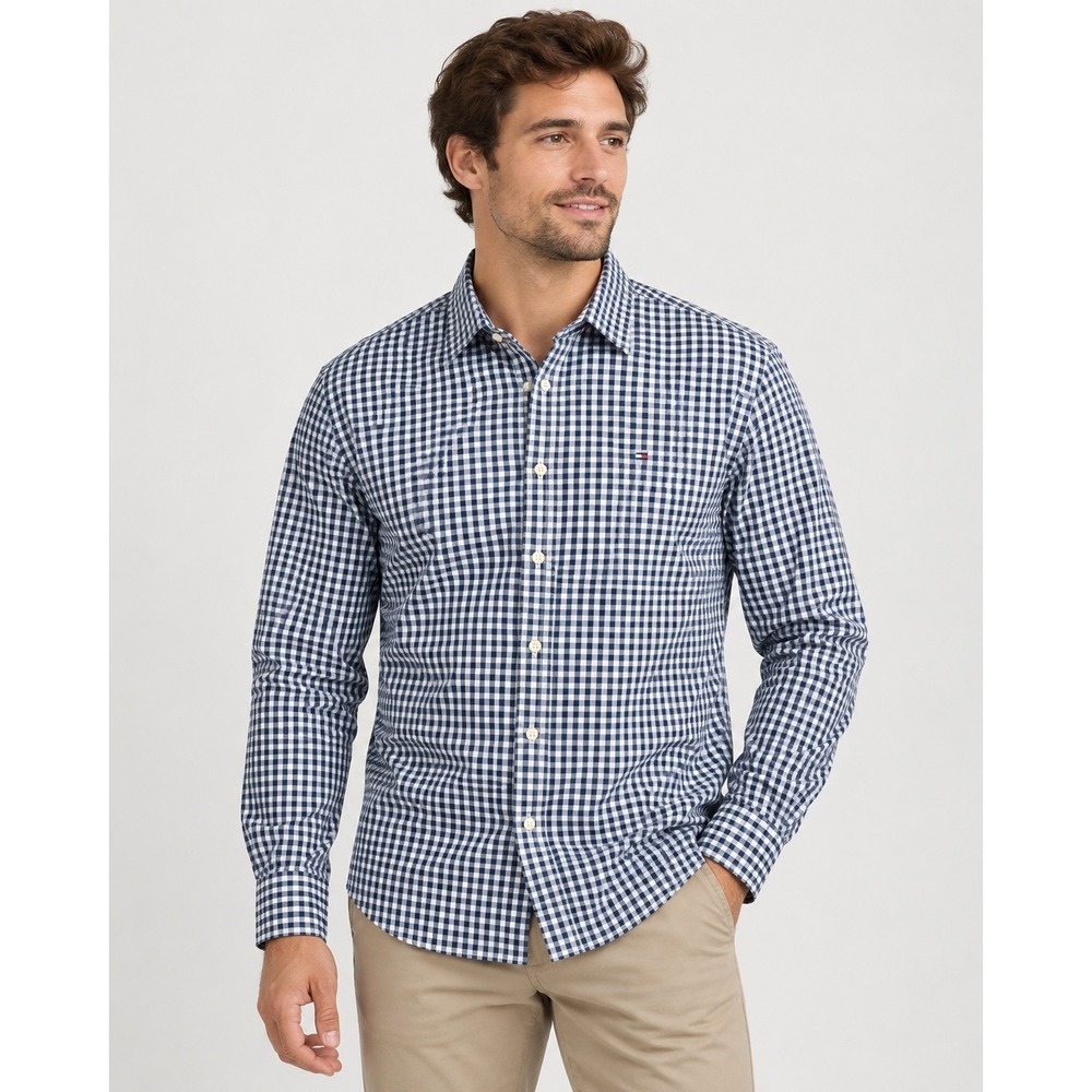Tommy Hilfiger Mens Blue Gingham Check Casual Button Down Shirt Size Large